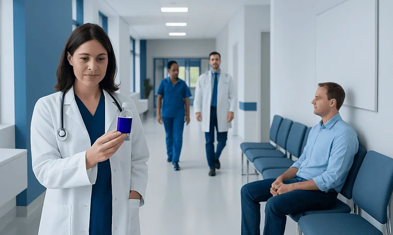 Healthcare professionals and patient in hospital corridor at Acibadem Hospitals Group.