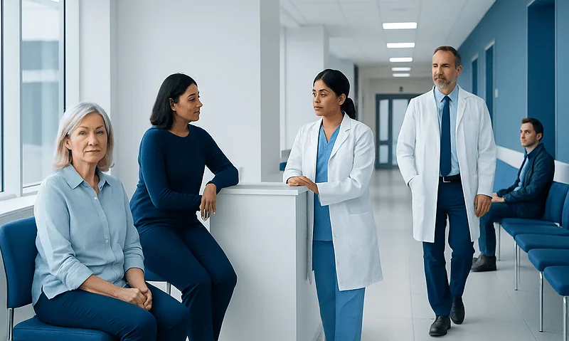 Medical consultation in a hospital corridor with doctors and patient.
