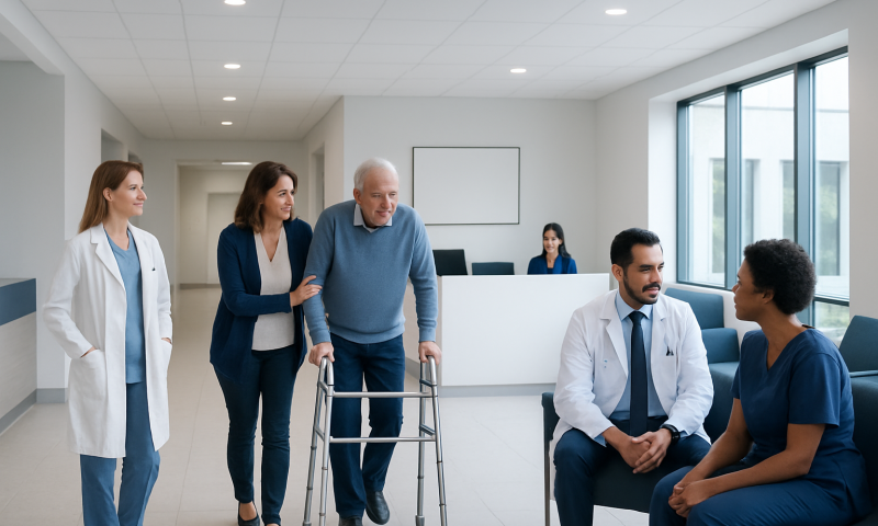 Elderly patient with walker being assisted by healthcare staff in hospital lobby.