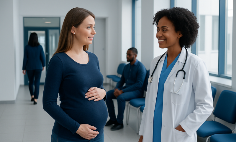 Pregnant woman consulting with a doctor in a hospital corridor.