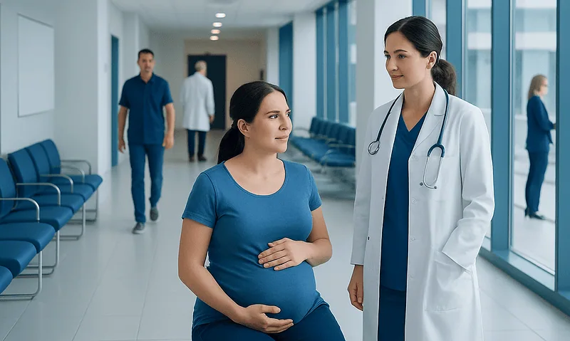 Pregnant woman consulting with a doctor in a hospital corridor.