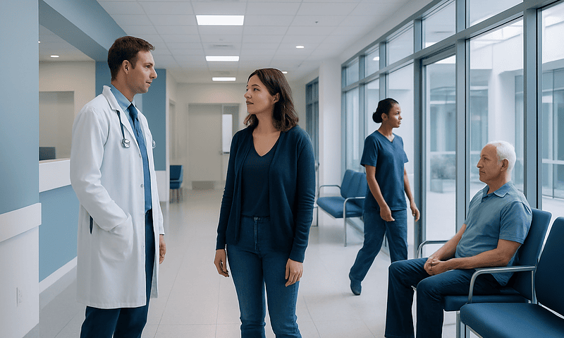 Doctor talking to a female patient in a hospital corridor with staff in the background.