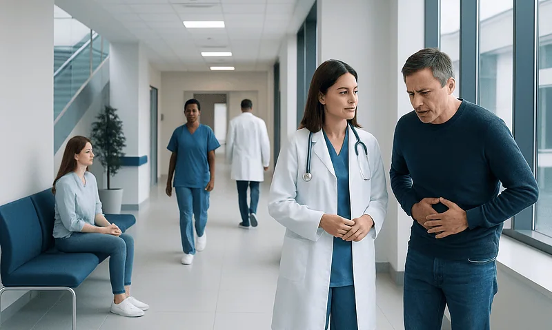 Doctor consulting with patient in hospital corridor at Acibadem Hospitals Group.