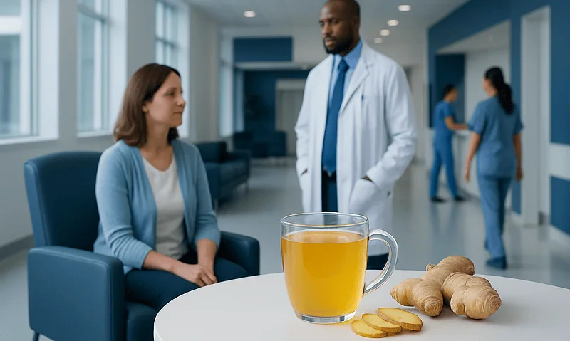 Doctor discussing with patient in hospital corridor with ginger tea on table.