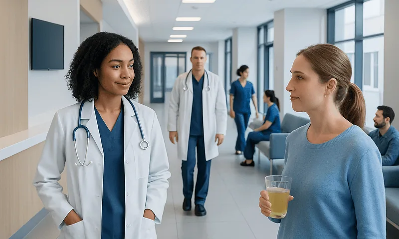 Medical professionals and patients in a hospital corridor at Acibadem Hospitals Group.