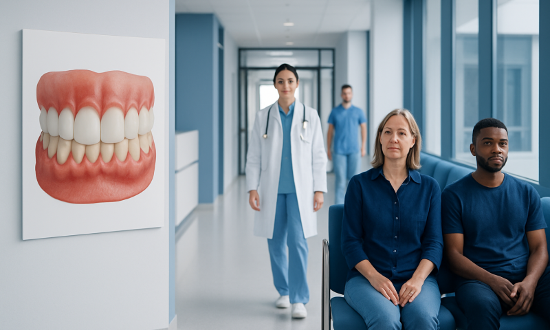 Understanding Gingival Hyperplasia: A Complete Patient Guide 7 Dental consultation with a model of healthy gums in a hospital corridor.