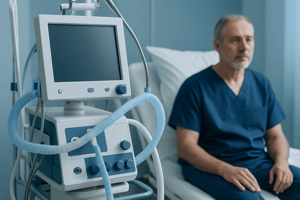 Medical ventilator machine in a hospital room with a patient sitting nearby.
