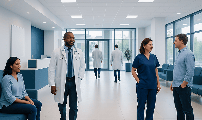 Medical professionals and patients in a modern hospital lobby.