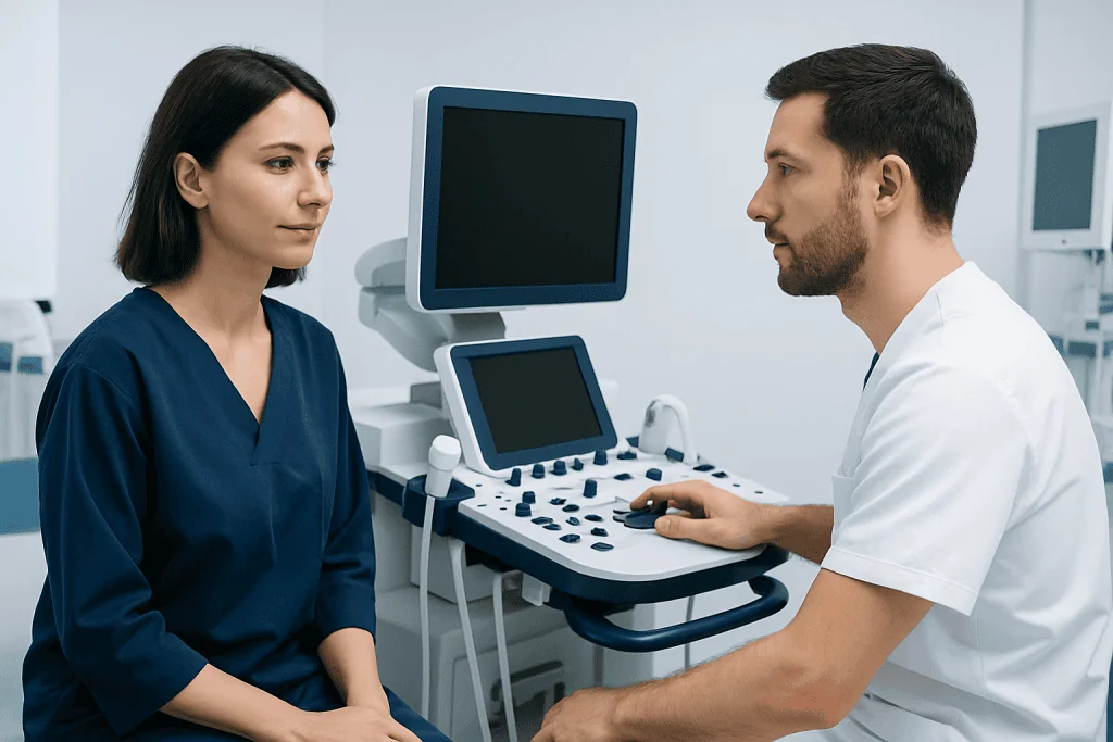 Medical consultation with ultrasound examination in a hospital setting.