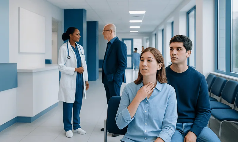 Patients experiencing globus sensation in a hospital waiting area.