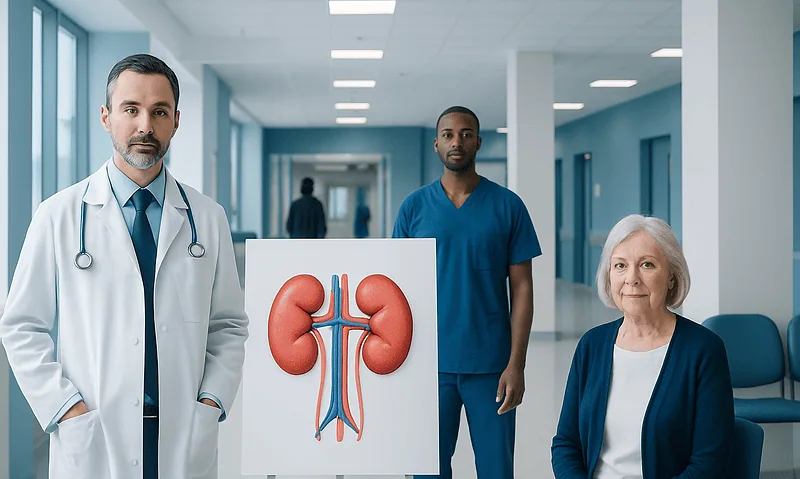 Medical team with kidney diagram in hospital corridor for glomerulonephritis awareness.