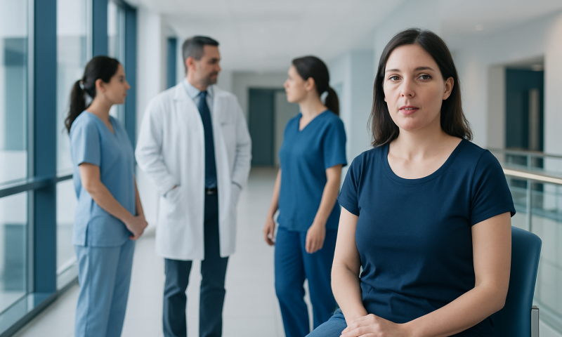 Healthcare professionals and a nurse in a hospital corridor.