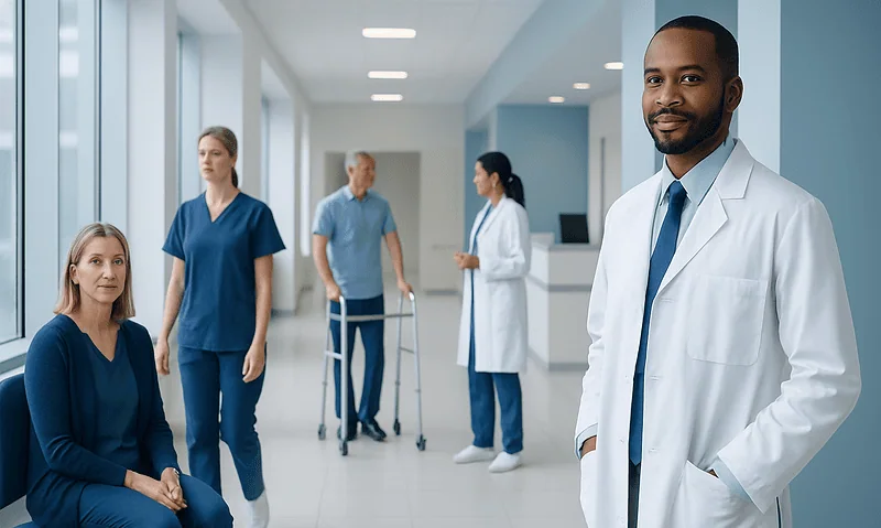 Diverse medical team at Acibadem Hospital in a modern corridor.