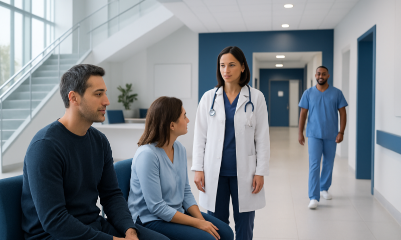 Medical consultation with doctor and patients in hospital corridor.