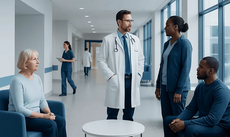 Doctor consulting with elderly patient and healthcare team in hospital corridor.