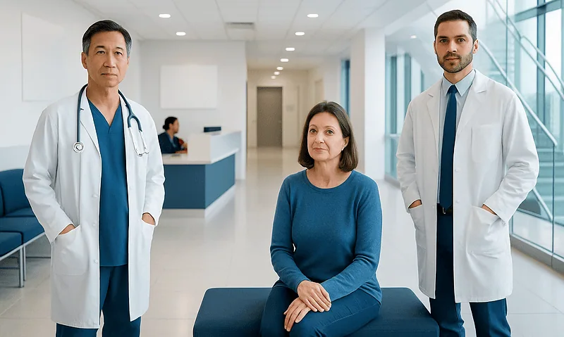Medical team with patient in modern hospital corridor.