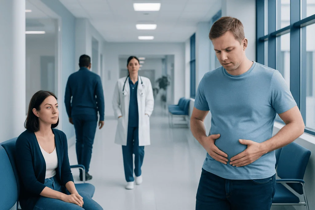 Gluten Belly: A Complete Medical Overview 1 Young man experiencing stomach pain in hospital corridor.