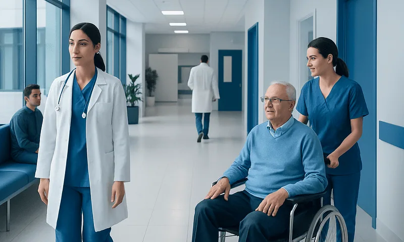Healthcare professionals assisting elderly patient in hospital corridor.