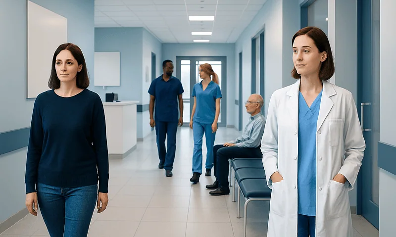 Healthcare professionals and patient in hospital corridor at Acibadem Hospitals Group.