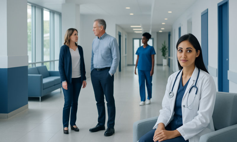 Healthcare professionals and a patient in a modern hospital corridor.