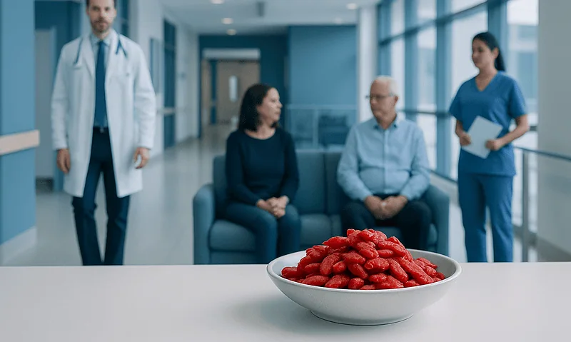 Medical consultation with a bowl of goji berries in the foreground.