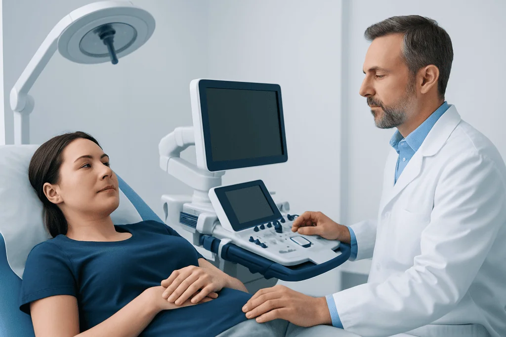 Doctor performing an ultrasound on a female patient in a medical clinic.