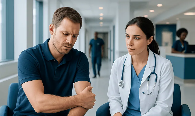 Patient experiencing elbow pain during consultation at hospital.