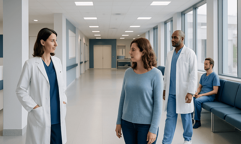Medical team consulting with patient in hospital corridor.