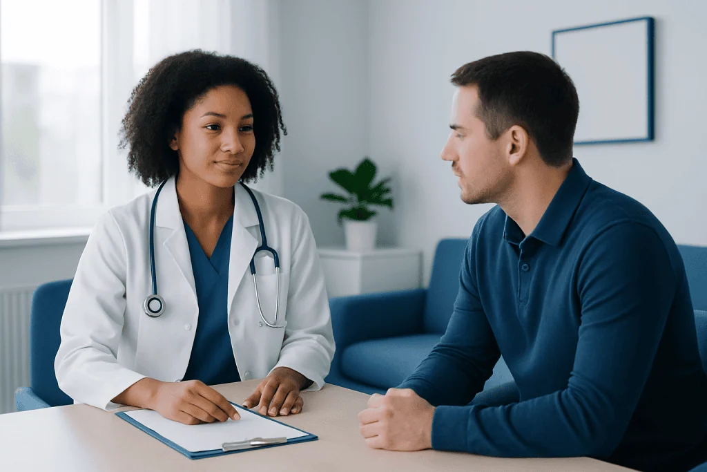 Doctor consulting with a male patient in a modern clinic setting.