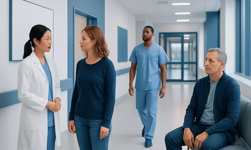 Goose Bumpy: What Patients Need to Know 7 Medical consultation in hospital corridor with healthcare professionals and patient.