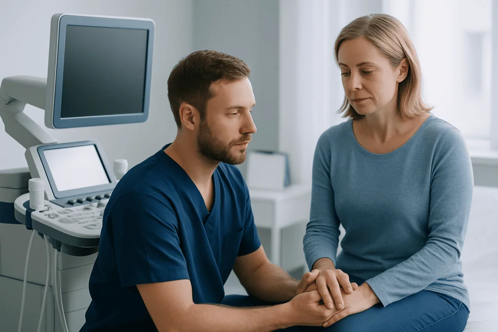 Doctor and patient holding hands during consultation at Acibadem Hospital.