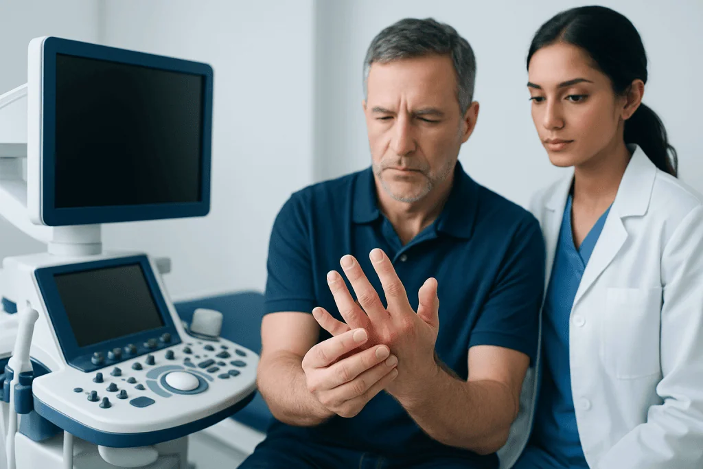 Doctor examining patient's hand with ultrasound machine in clinic.
