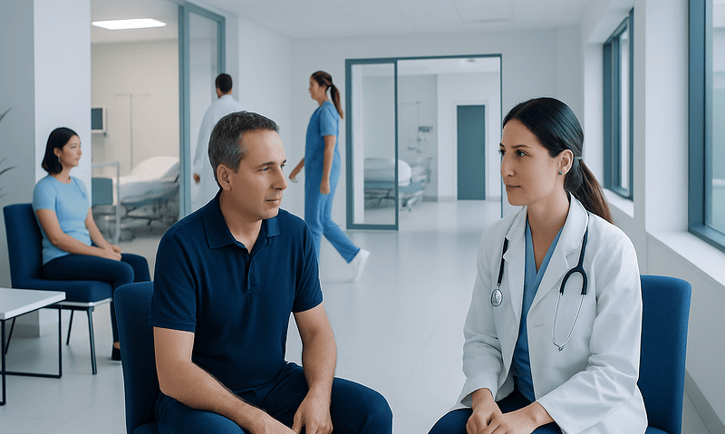 Doctor consulting patient in hospital corridor with medical staff in background.