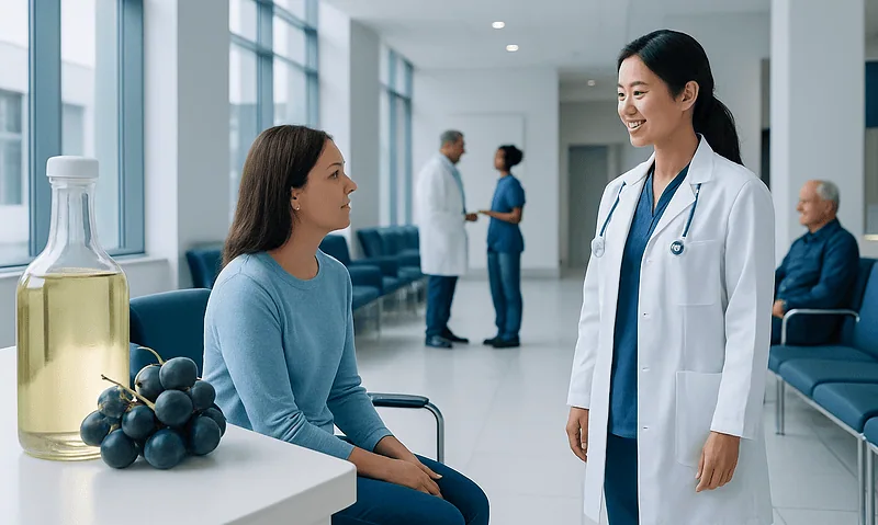 Doctor talking to patient in hospital corridor with grapes and oil bottle on table.