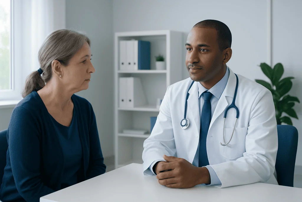 Doctor consulting with an elderly female patient in a medical office.