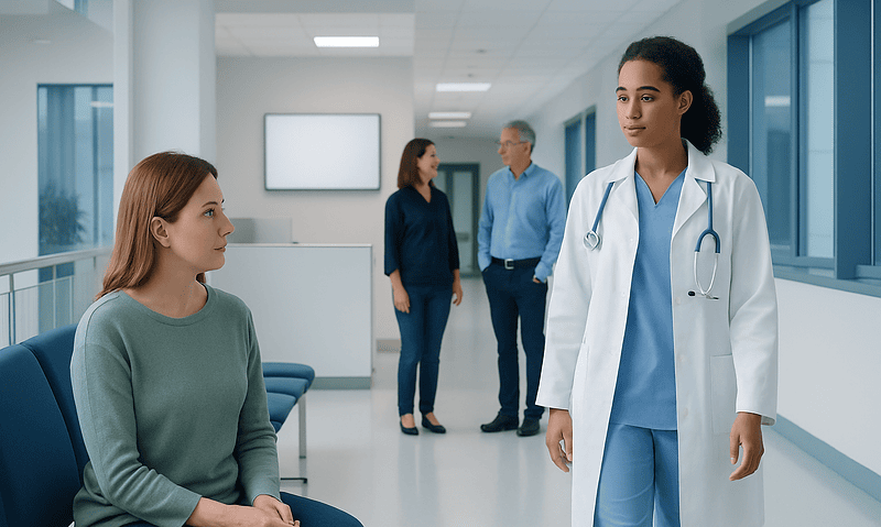 Doctor consulting a patient in a hospital corridor with colleagues in the background.