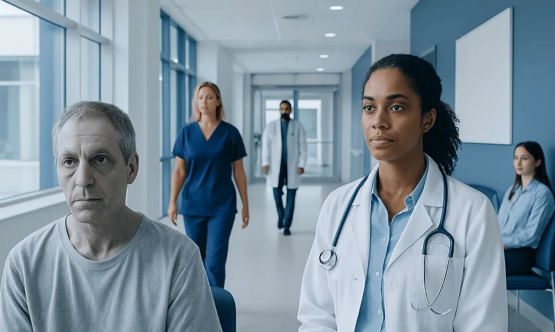 Medical professionals and patient in hospital corridor.