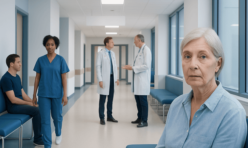 Diverse medical team in hospital corridor with elderly patient in foreground.