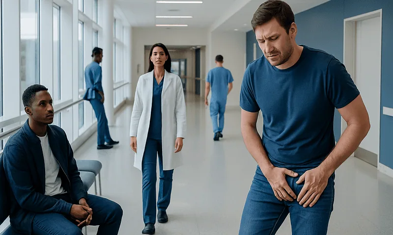 Groin Pain Explained: Common Triggers and Red Flags 6 Man experiencing groin pain in hospital corridor with medical staff nearby.