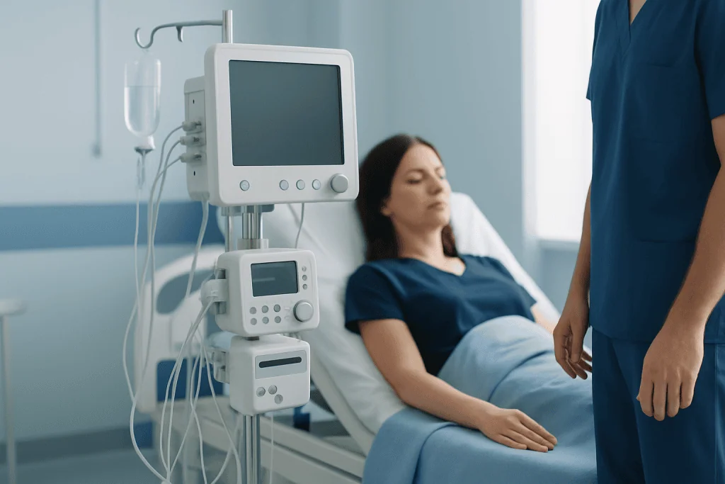 Patient in hospital bed connected to medical monitoring equipment.