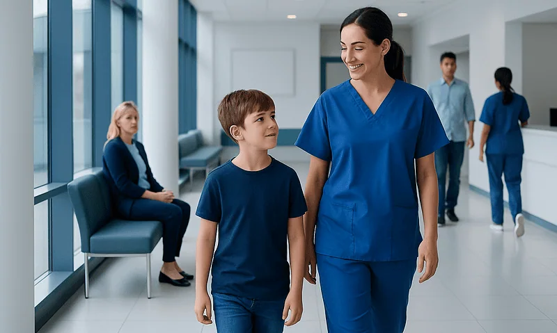 Healthcare professional walking with a young patient in a hospital corridor.