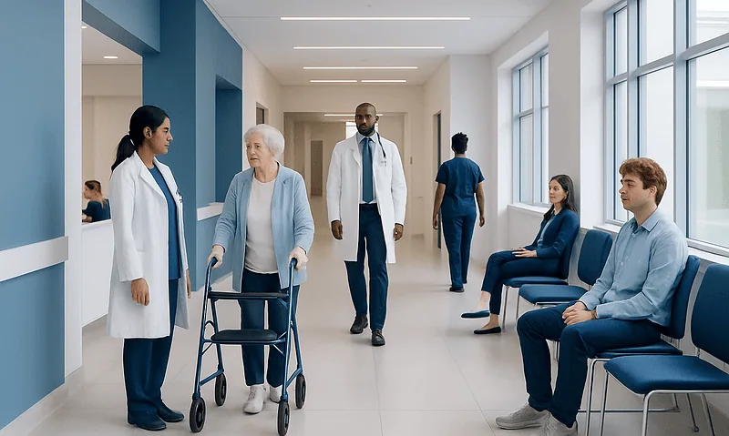 Healthcare professionals and patients in a hospital corridor at Acibadem Hospitals Group.