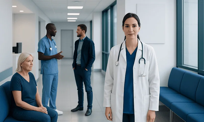 Healthcare professionals and a doctor in a hospital corridor.
