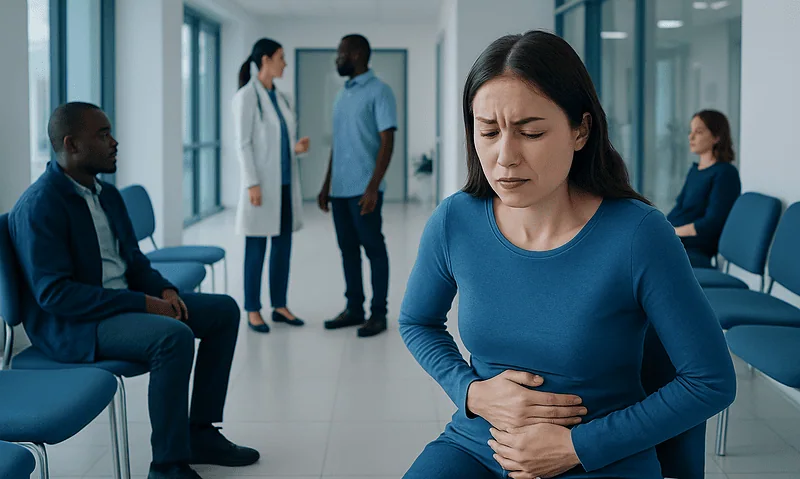 Woman experiencing stomach pain in a hospital waiting area.