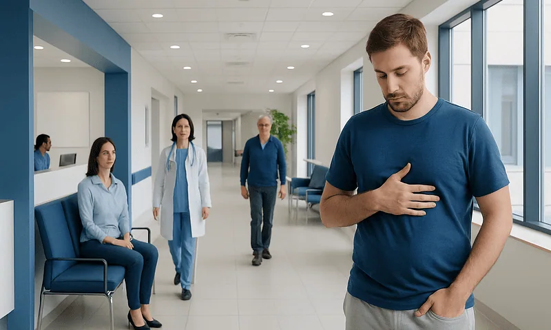 Young man experiencing chest discomfort in hospital corridor.