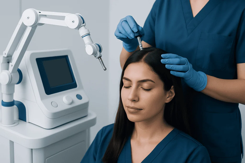 Medical professional performing scalp treatment with advanced equipment.