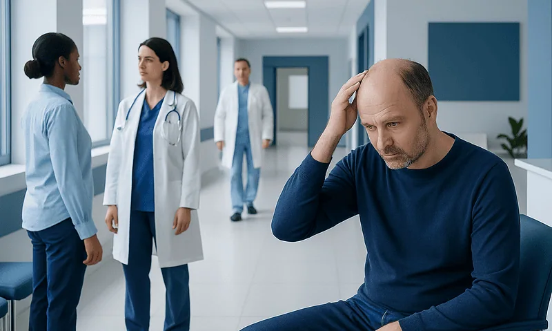 Man with hair loss worried in hospital corridor with medical staff.