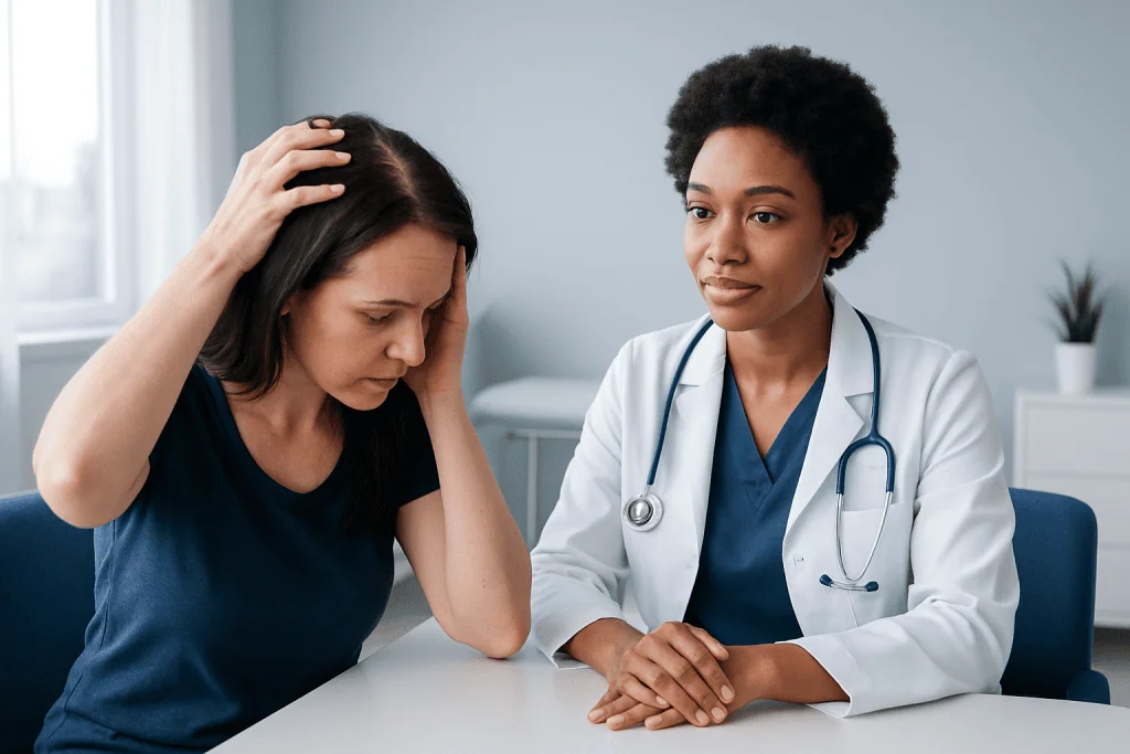 Doctor consulting with a woman about hair thinning concerns.