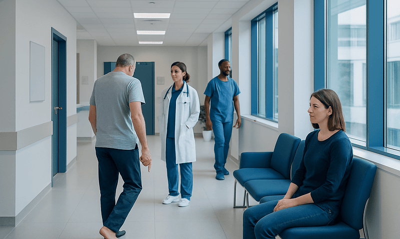 Patients and medical staff in a modern hospital corridor.