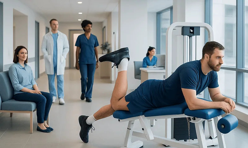 Patient performing hamstring curl exercise with medical staff observing.